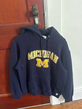 Michigan Arch Logo Navy Crewneck Sweatshirt with Yellow Applique